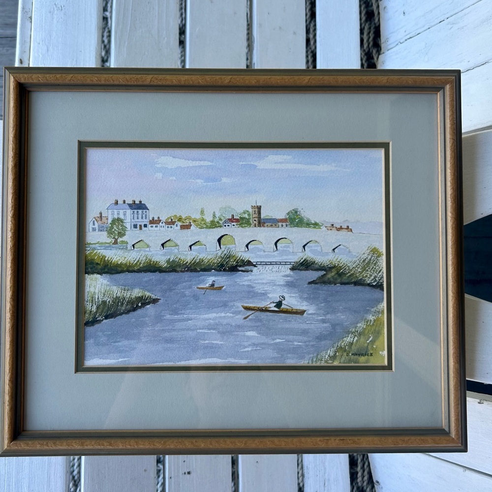 Framed Watercolor Painting fo a European Town, Rowboats by the Bridge